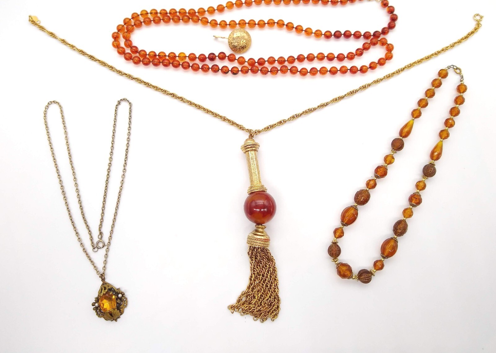 Amber Honey Topaz Color Beads Necklaces Lot of 6 Gold Tone Tassel Filigree Vinta
