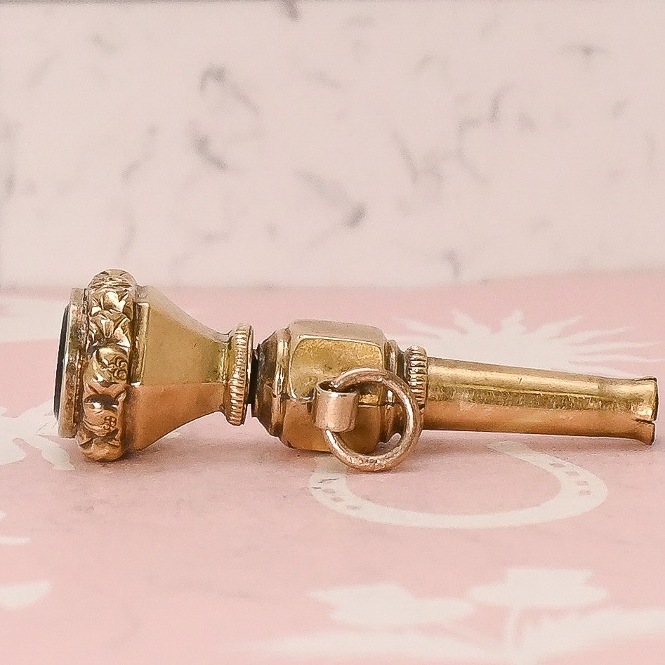 Antique Victorian Bloodstone Yellow Gold Filled Repousse Key Fob Charm Pendant