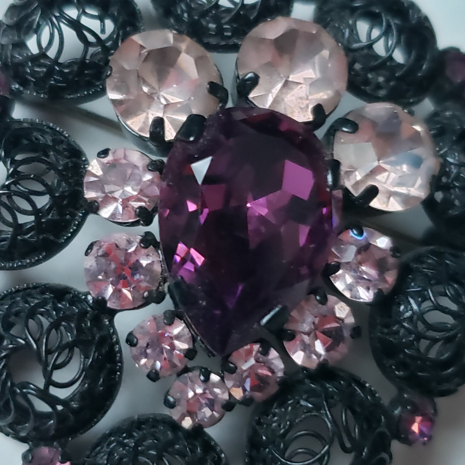 Vtg Filigree Brooch Purple Teardrop Stone Pink Mid-Century Japanned Gunmetal