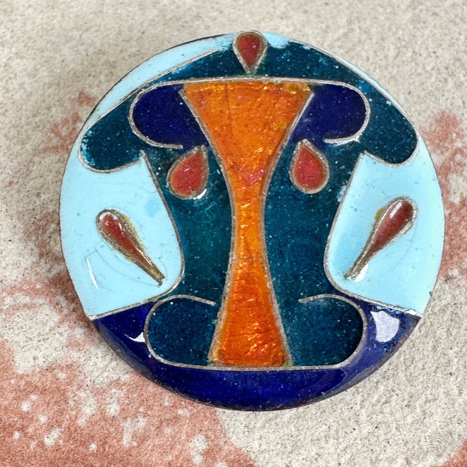 Vintage Mid-Century Modern Cloisonne Enamel Abstract Cow Face Brooch Unsigned