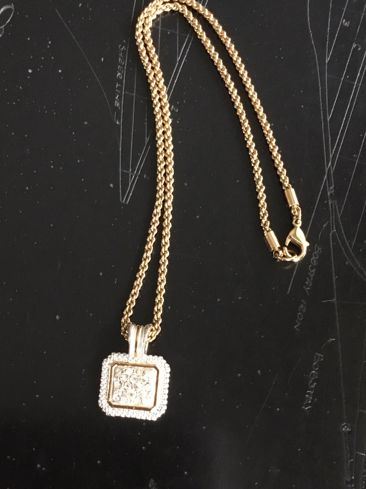 Signed Avon Silver & Gold Tone Square Rhinestone Paved Pendant On Popcorn Chain