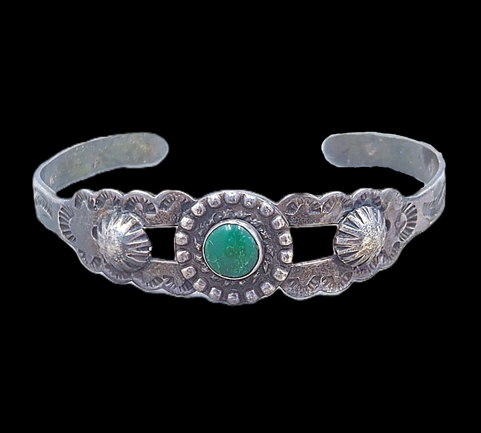 Vintage Fred Harvey Era Green Turquoise Small Sterling Silver Cuff Bracelet