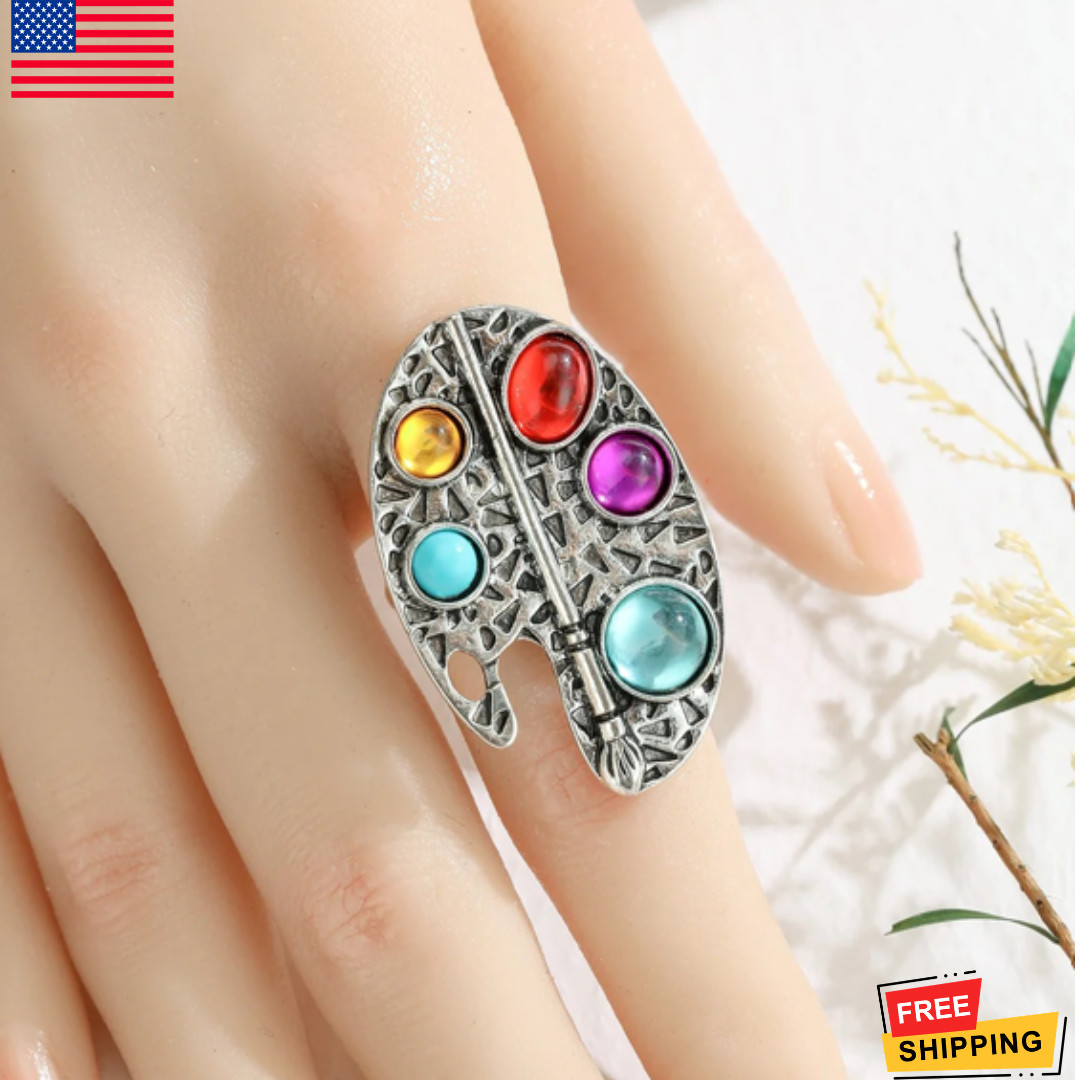 Vintage Silver Geometric Ring Women Oval Colored Stone Adjustable Jewelry
