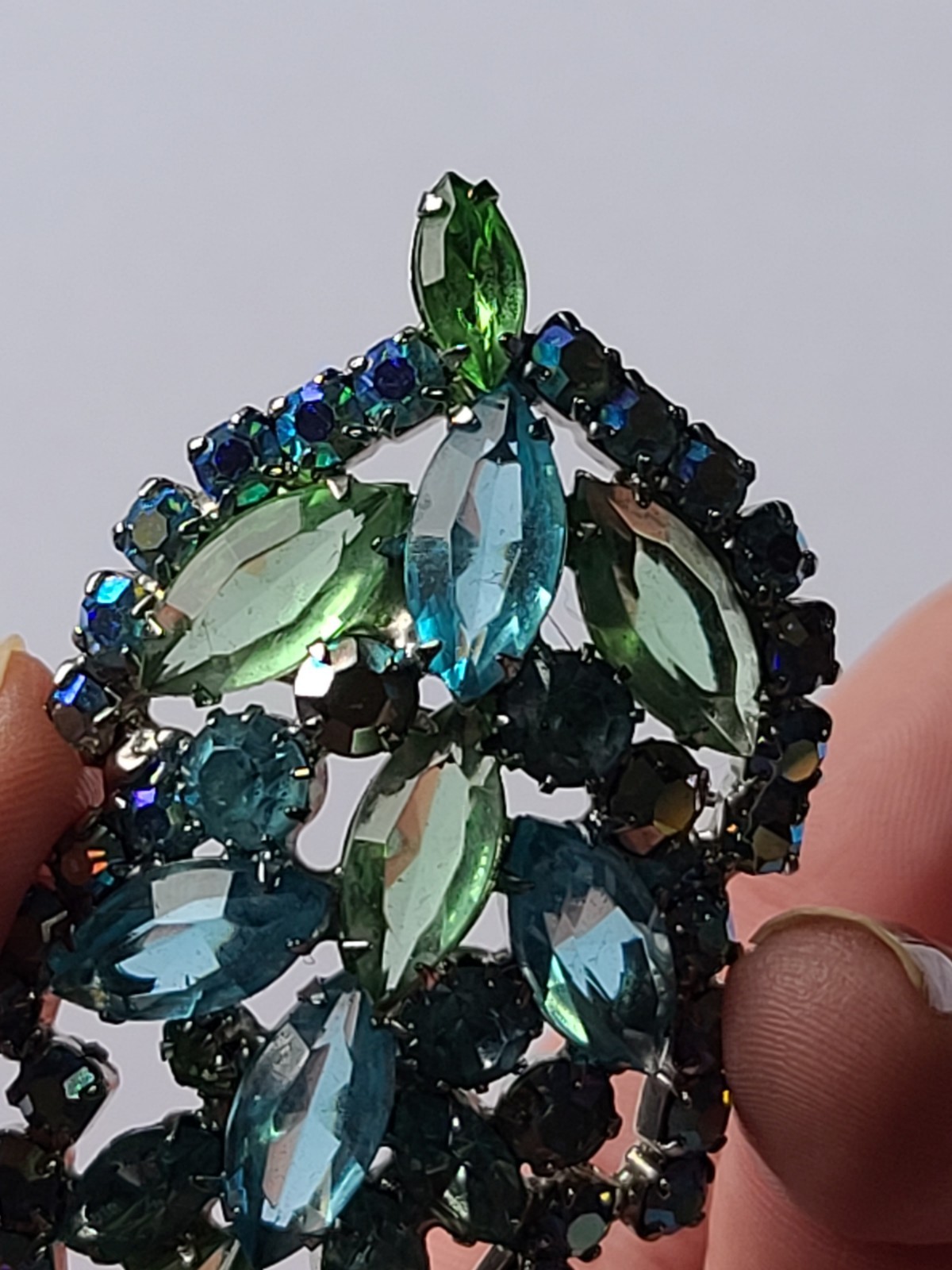 VTG MCM Aque Blue & Lime Green Rhinestone Leaf Brooch Pin (Some AB Finish)
