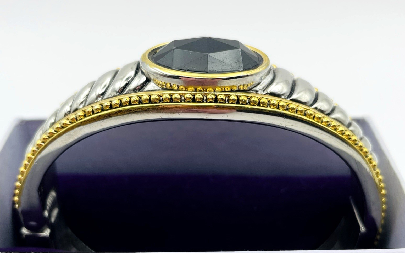 Vintage Silver and Gold Tone Hinged Bangle Bracelet Black Faceted Acrylic Stone