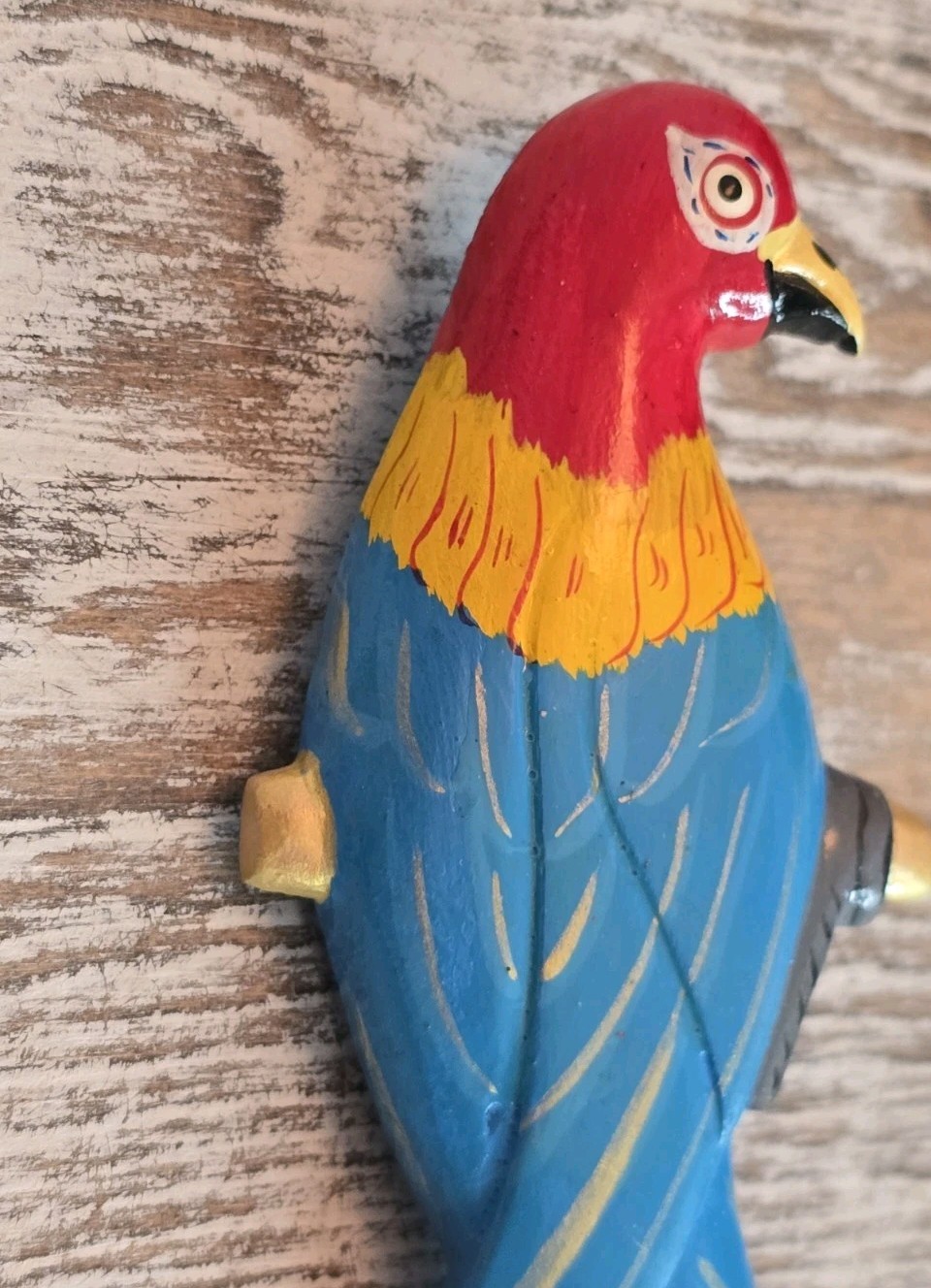 Vintage Hand Painted Wooden Parrot Brooch Colorful Tropical Bird Statement Pin