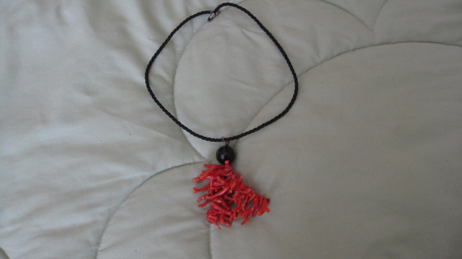 Vintage Branch of Coral Faceted Crystal or Onyx On Black Silk Cord Necklace NICE
