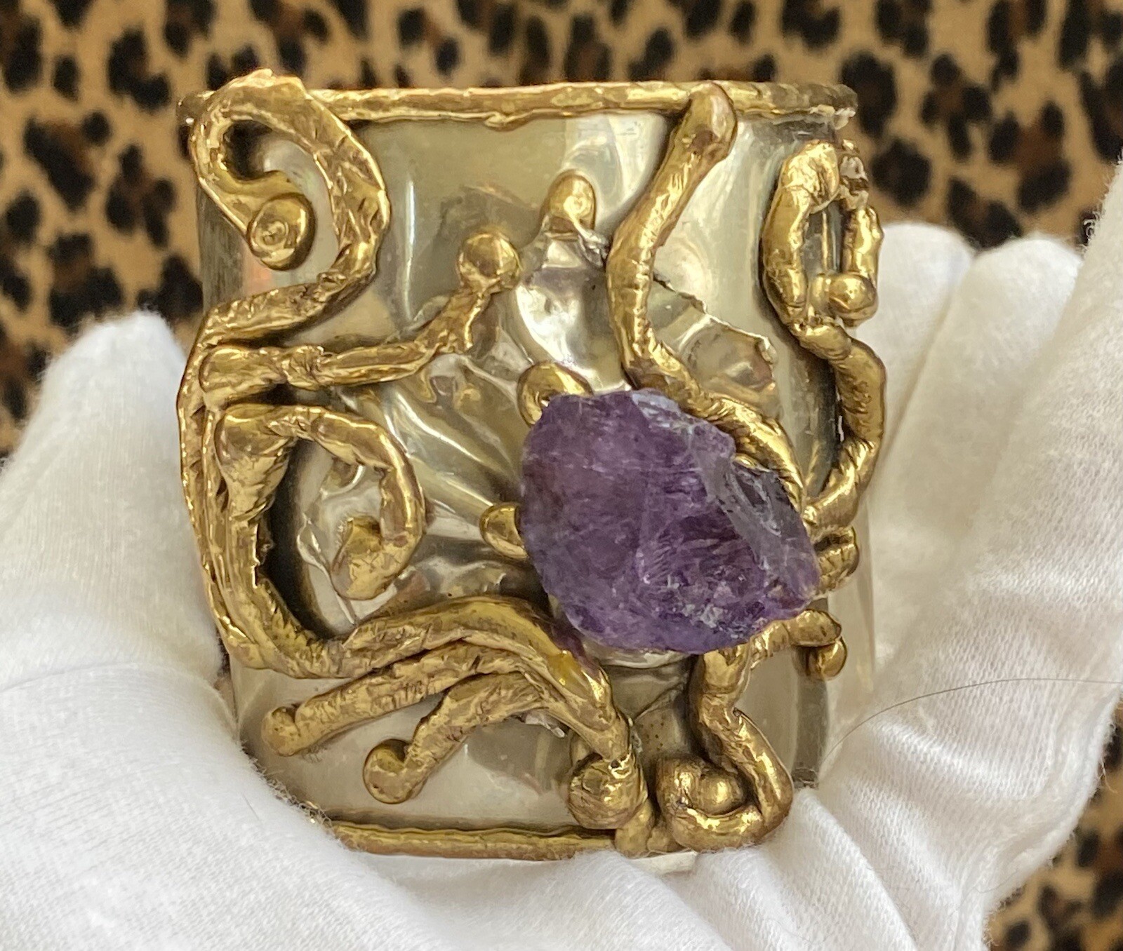 Vintage COPA COLLECTION Huge Chunky Brutalist Modernist Cuff Bracelet Amethyst