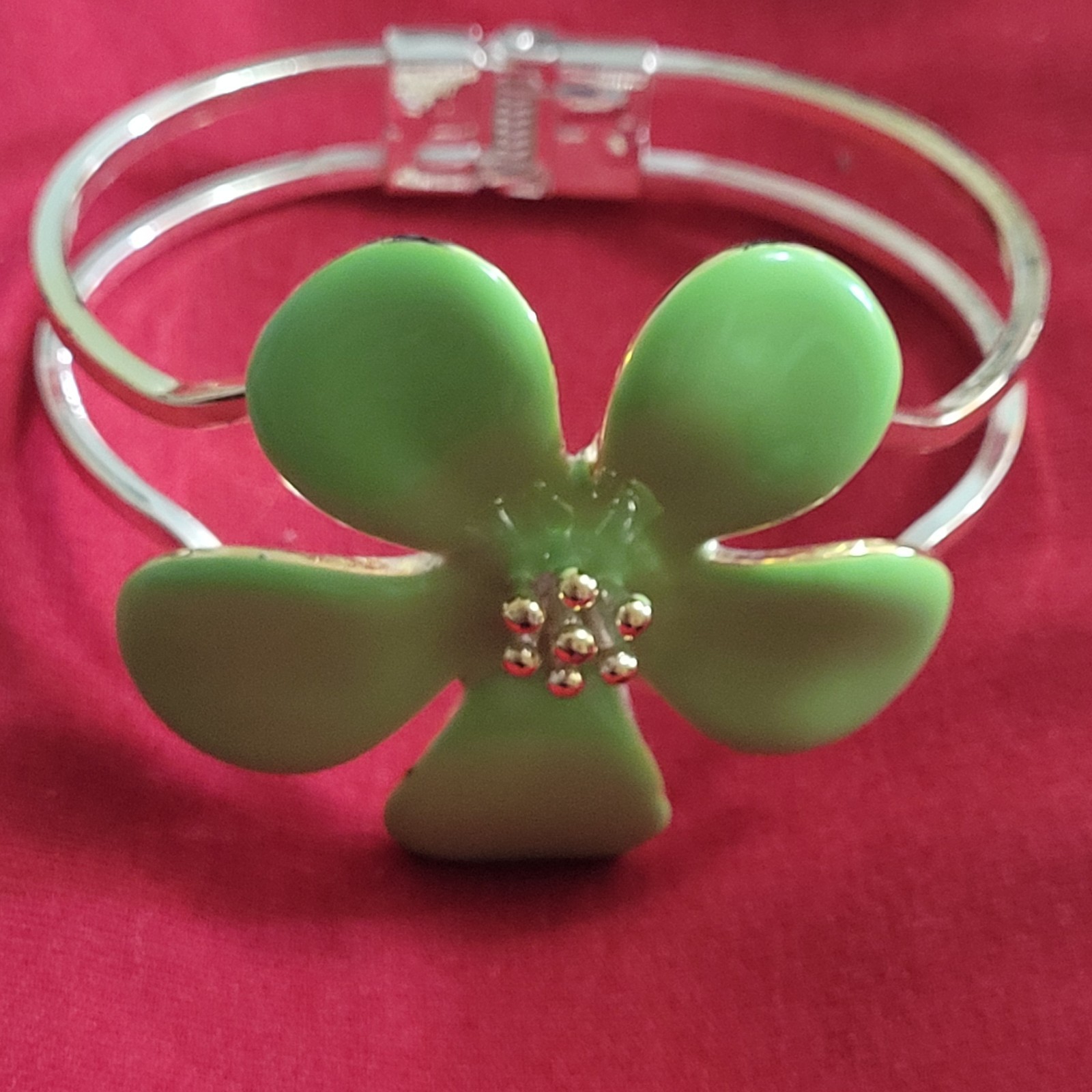 Y2K Lime Green Enamel Flower Hinged Bracelet Silver Tone Retro Statement BOHO