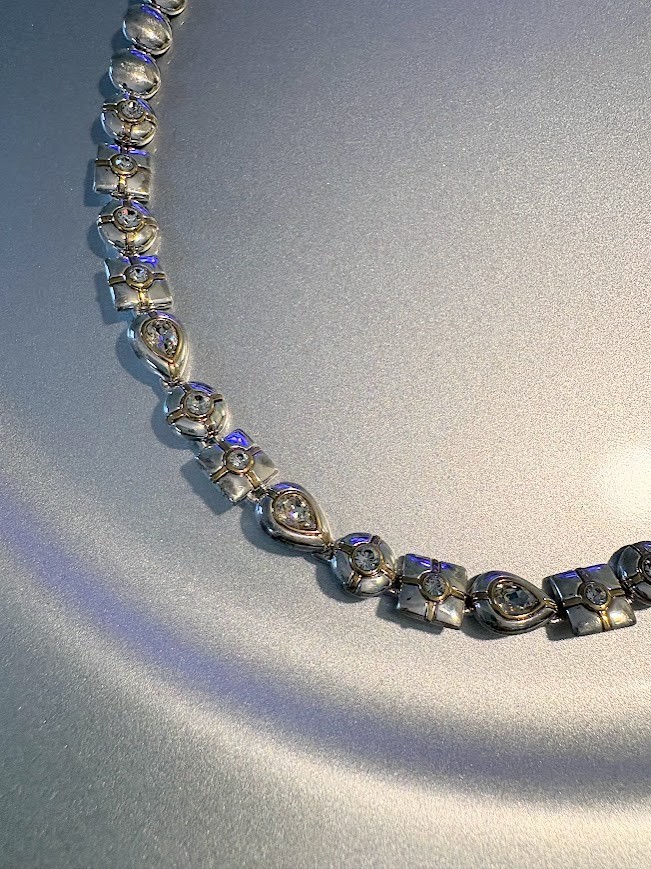Vintage MONET Signed Two-Tone Silver/Gold Rhinestone Necklace 17″