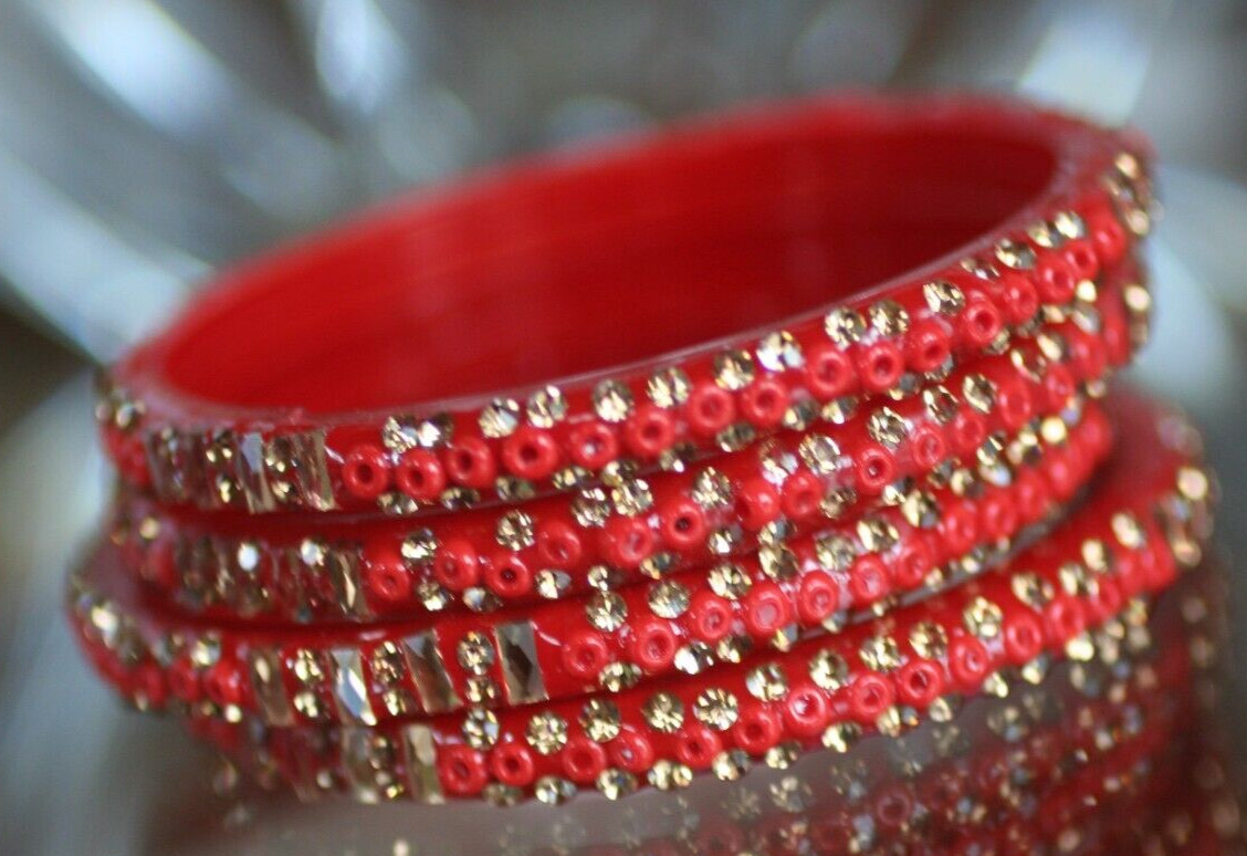 VINTAGE *FOUR RED BEADED PLASTIC BANGLES W/GOLD PIPING* VERY SMALL WRIST ONLY