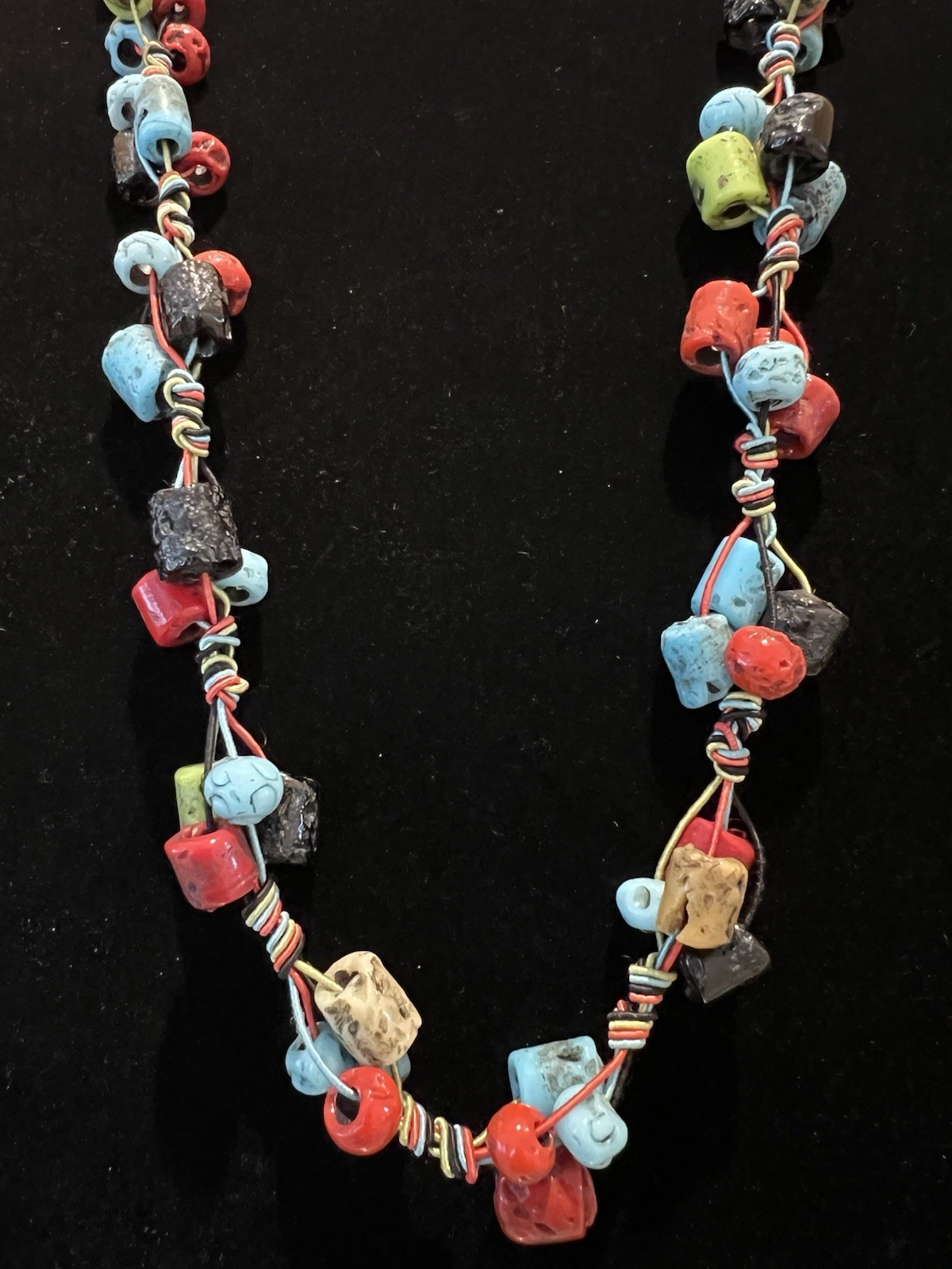 Vintage African Recycled Krobo Glass Bead Necklace Zulu Wire Coiled Art Unique