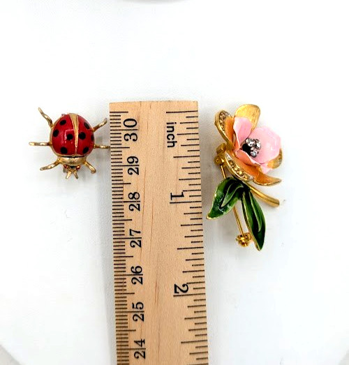 Vintage Flower Brooch Lot Rose Ladybug Enamel Floral Pins 4 Piece Collection