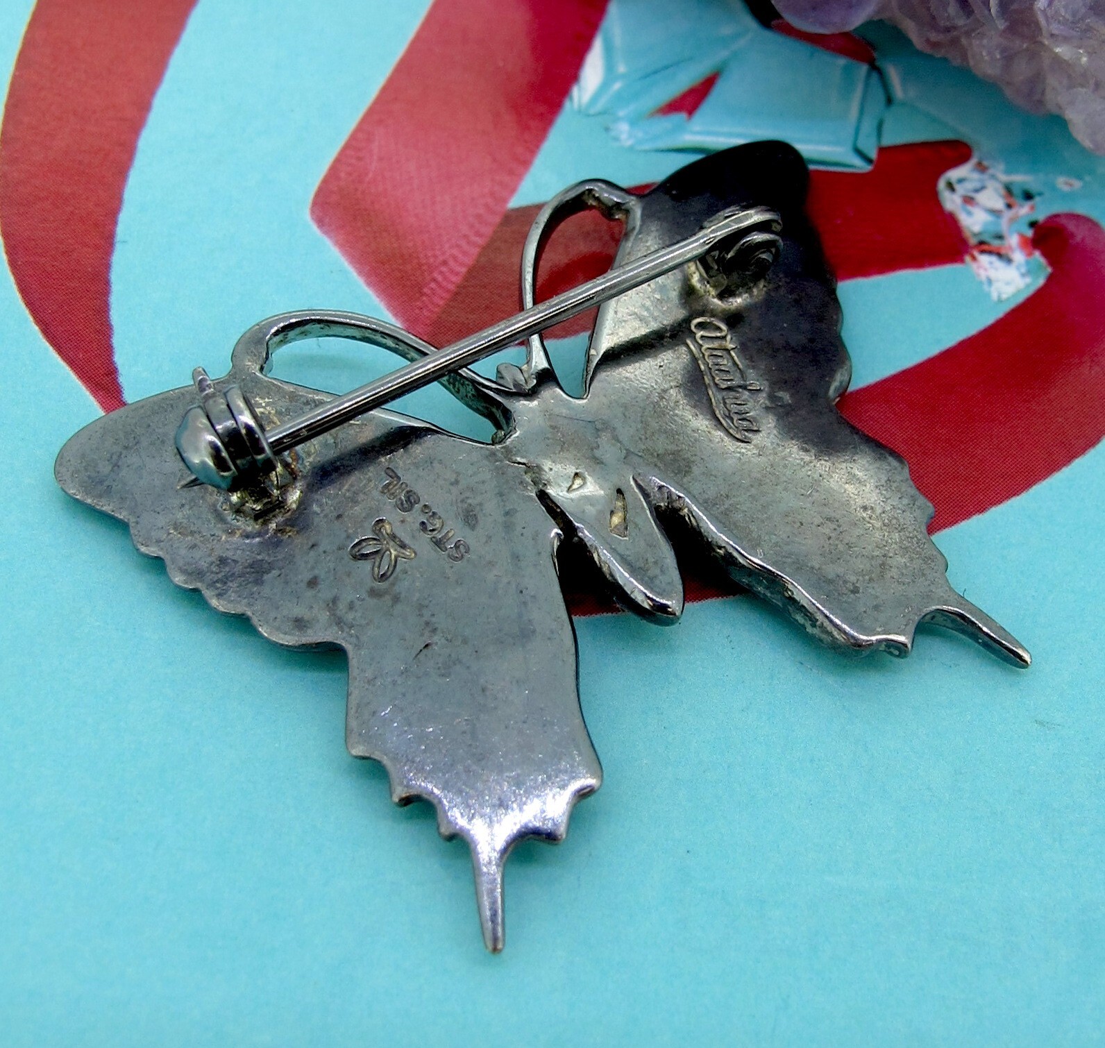 Ataahua Vintage Blue Butterfly Brooch Paua Shell Circa 1970s Sterling Silver