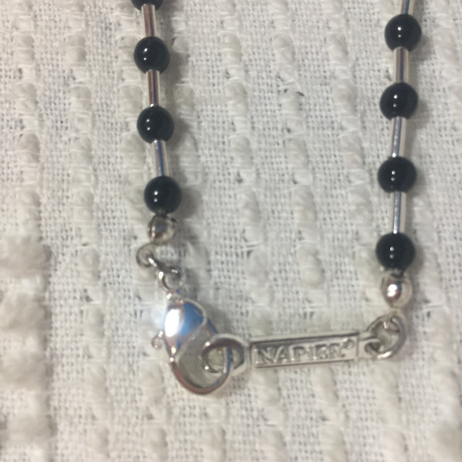 Napier Matinee Necklace Small Black Beads with Silver Tone 1990’s Vintage 23″