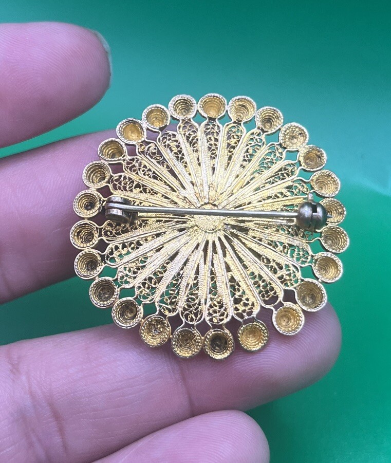 Vintage Gold Wash Sterling Filigree Flower Pin Brooch 3D