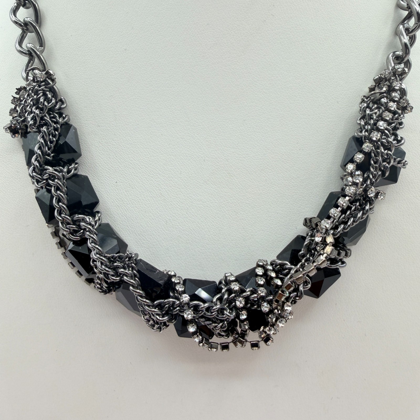 Vintage Gunmetal Tone Chunky Black Bead Choker Necklace Rhinestone Cluster Chain