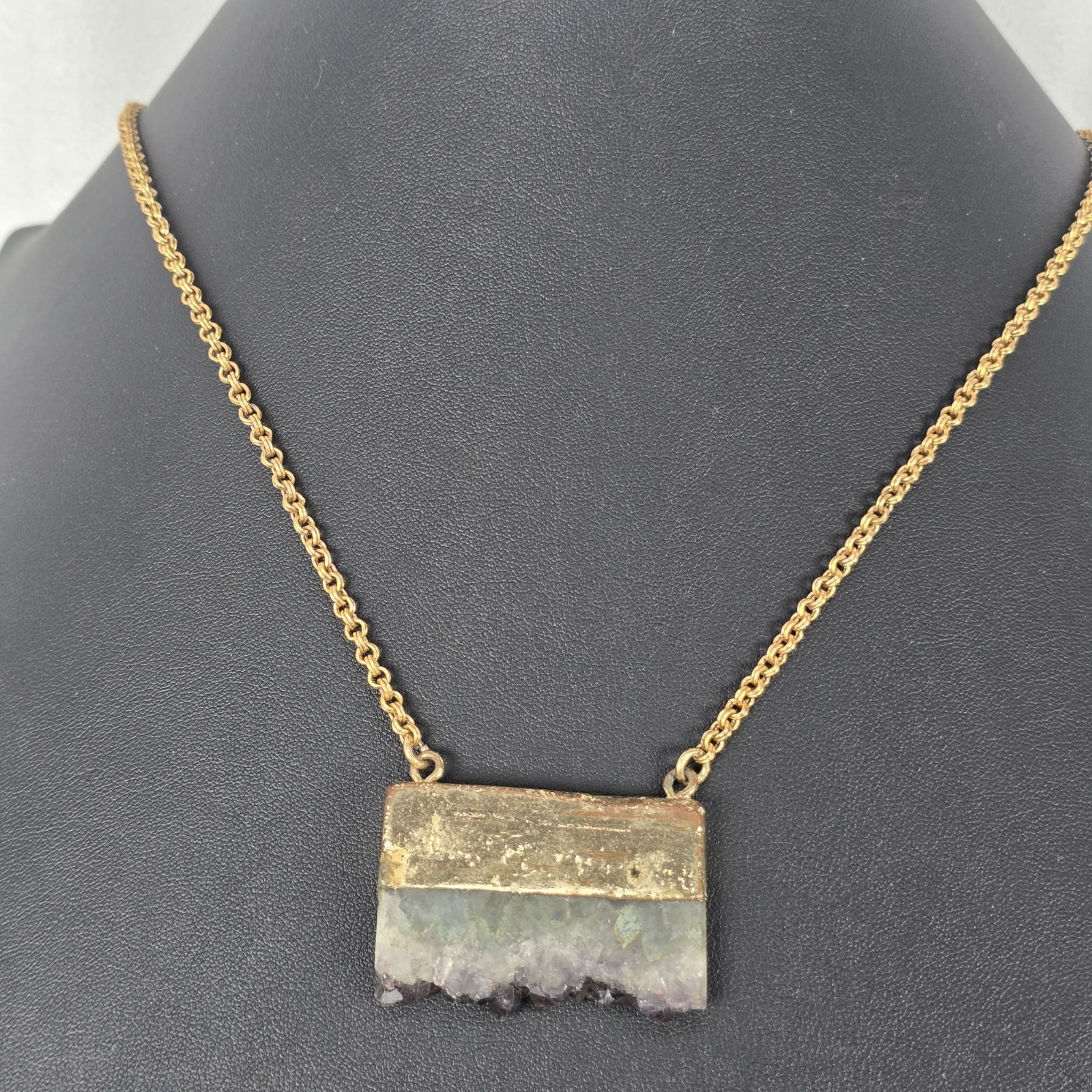 Cool Vintage Yochi Necklace Amethyst Gemstone Geode Slab Pendant Gold Tone Chain