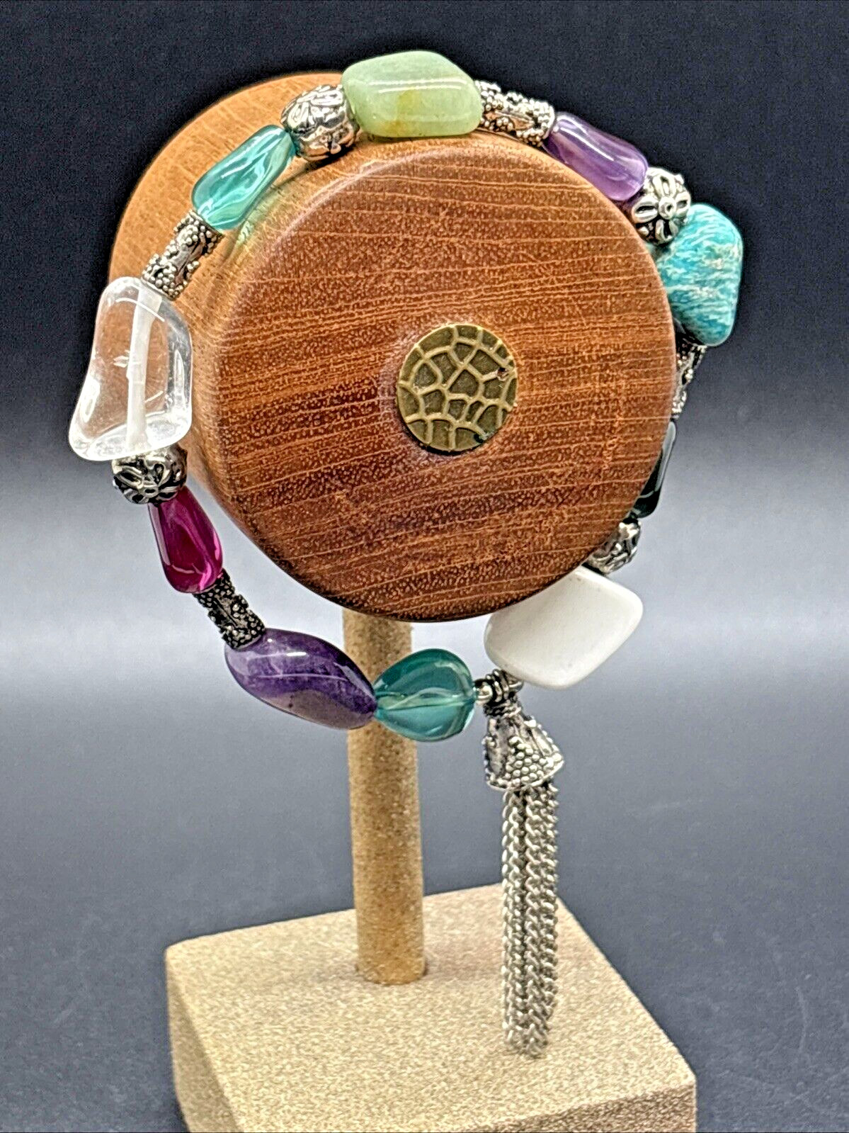 Vintage Purple, Green & White Silver Beaded Bracelet with Silver Chain Tassel