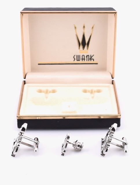 Vintage Swank Figural Griffin Cufflinks Rhinestones Silver Tie Tack Box