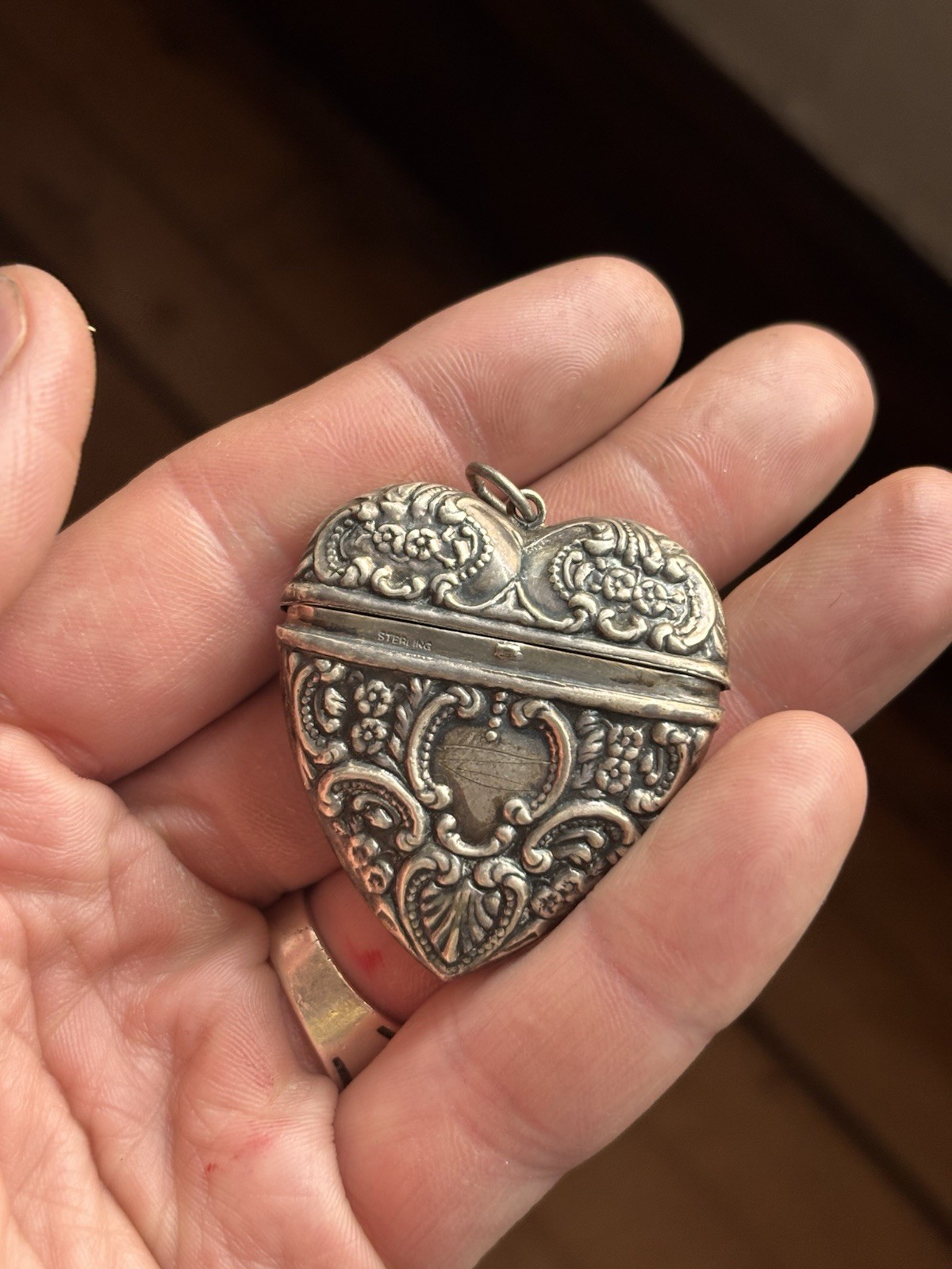 Sterling Silver Heart Repousse Victorian style Large box vintage Pendant 1900s