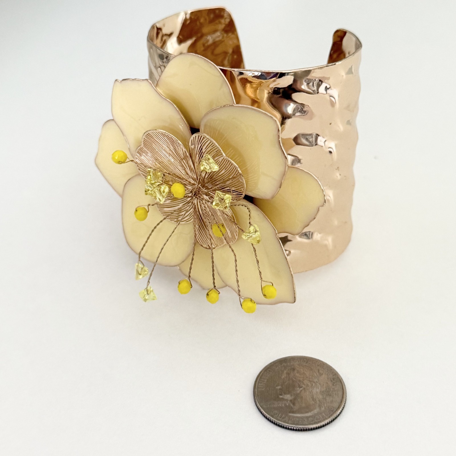 Ladies Huge Flower Statement Cuff Bracelet Yellow Enamel Glass Beaded Gold Tone