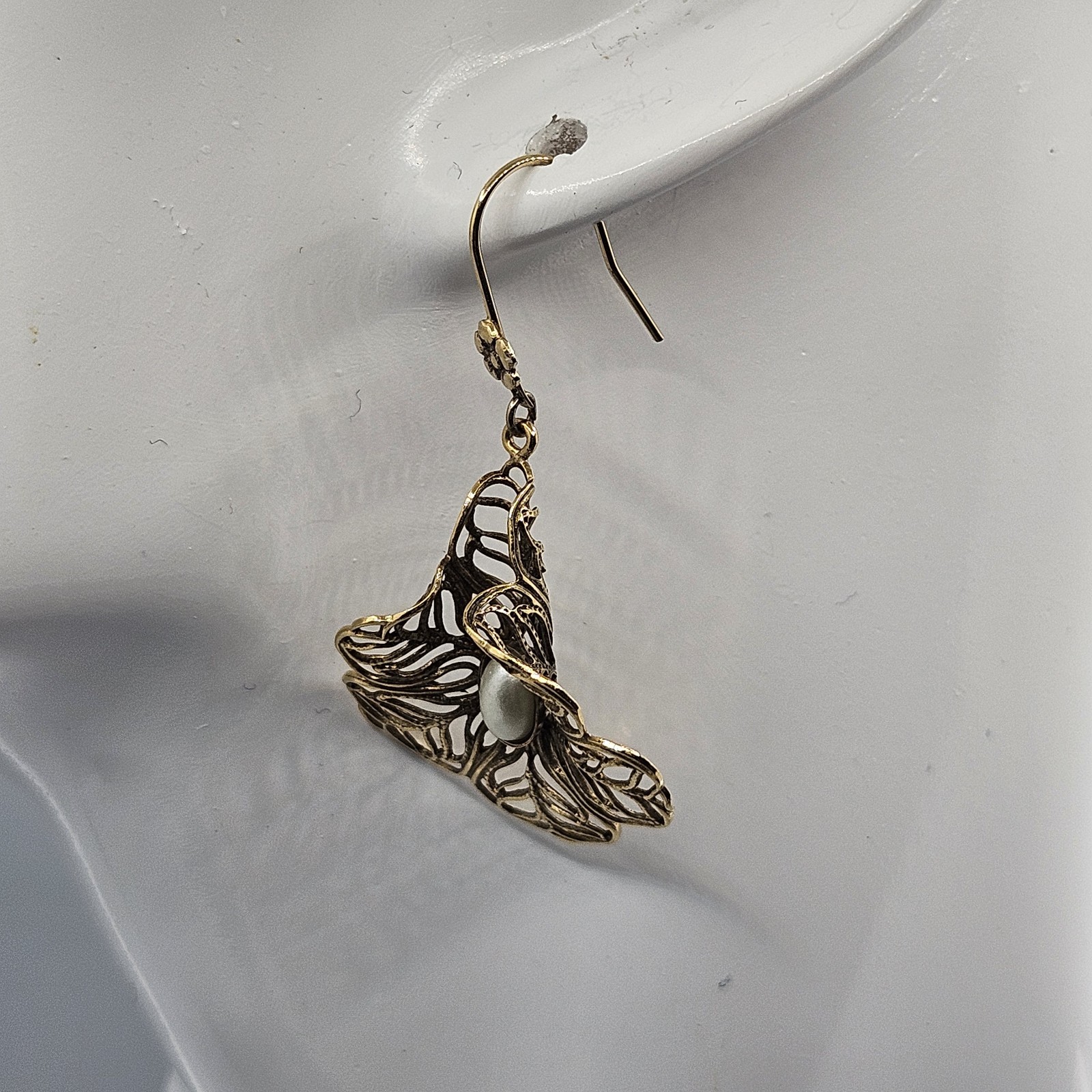 Vintage Gold Tone Filigree Faux Pearl Earrings Dangle Pierced`Hook Bell Flower