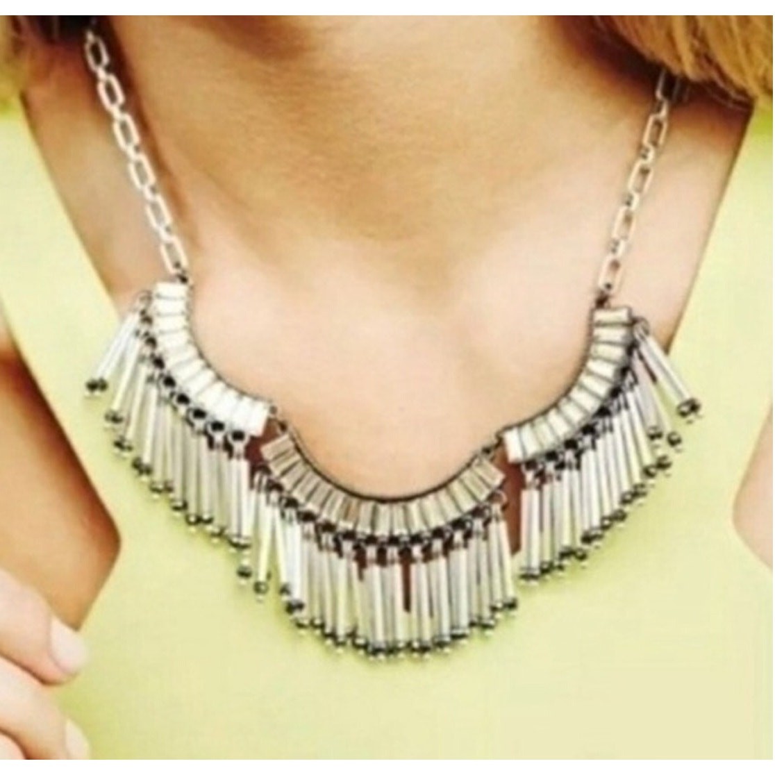 Stella & Dot Twilight Fringe Necklace Silver Tone Baguette Rhinestones Classic