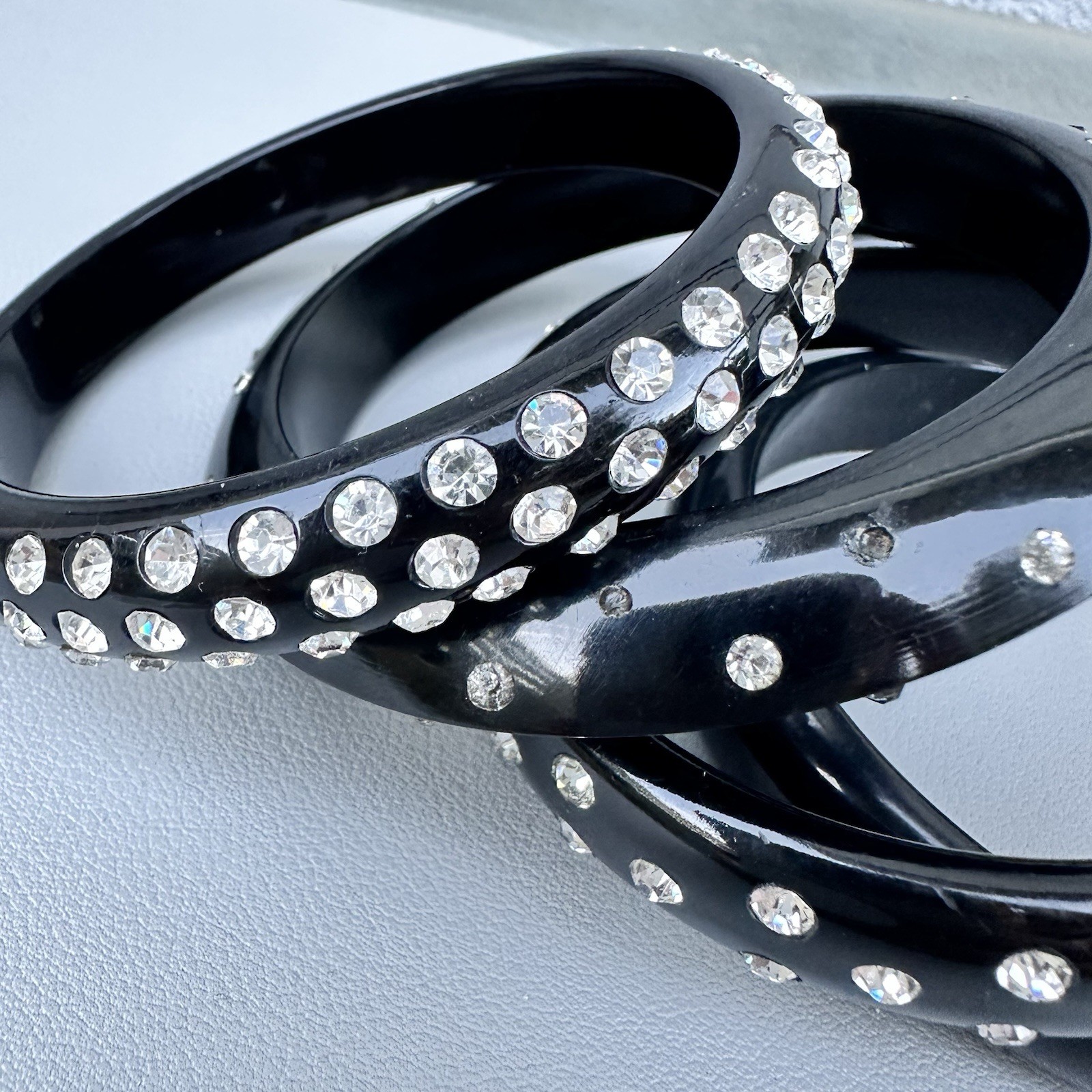 Vintage Bangle Stack Black Rhinestone Sculptural Mod Lucite Acrylic Bracelet