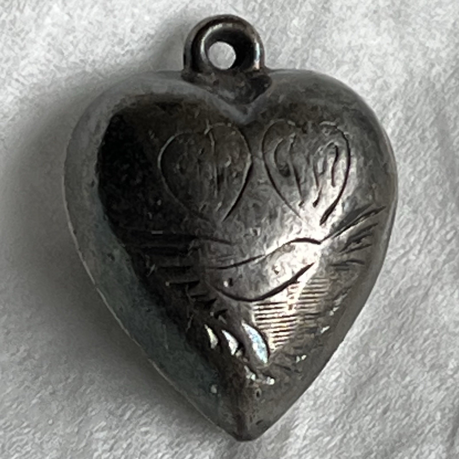 Vintage Heart-Shaped .925 Silver Puff Etched Pendant Charm Whimsical Love