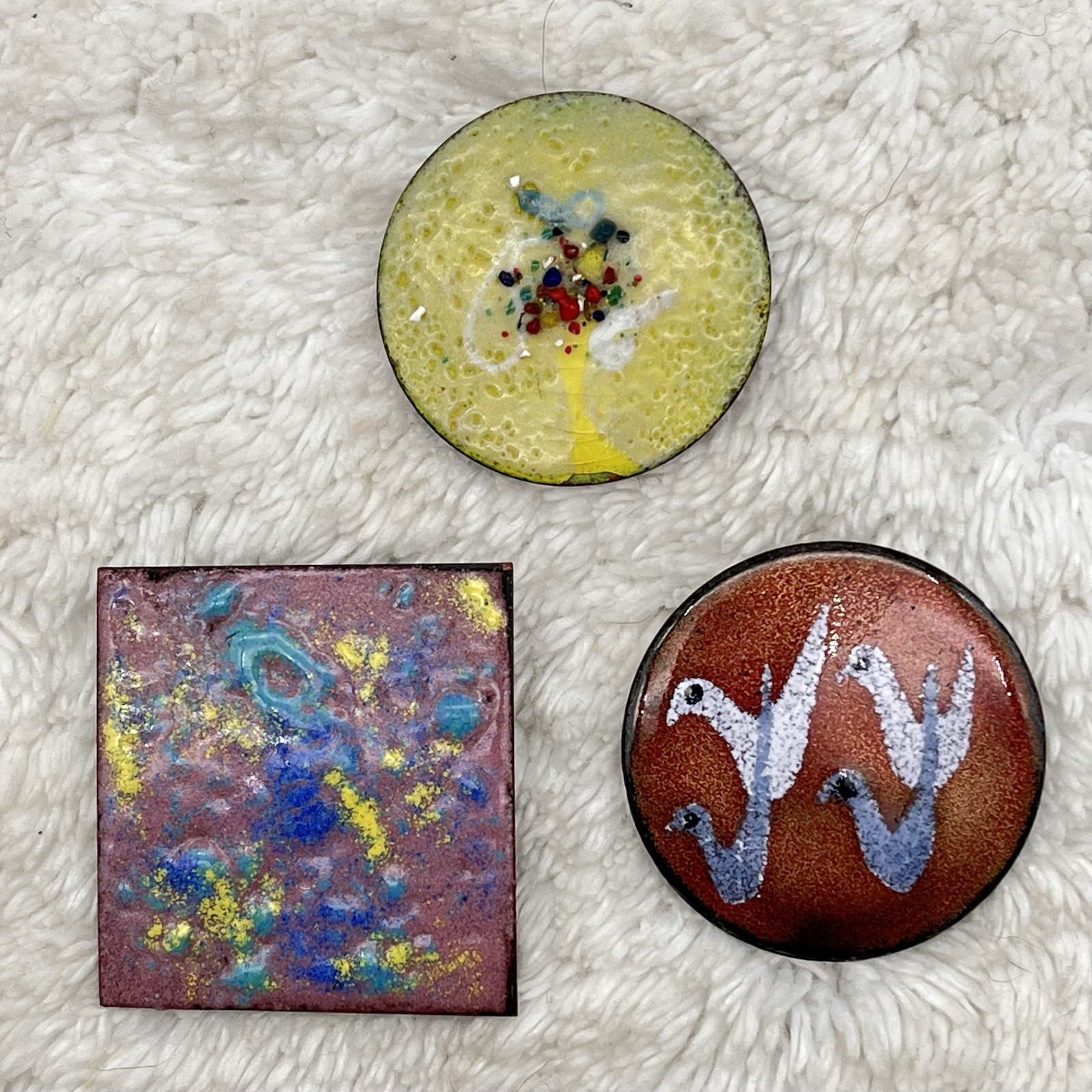 Vintage Modernist Brooch Lot of 3 Abstract Copper and Enamel Pins