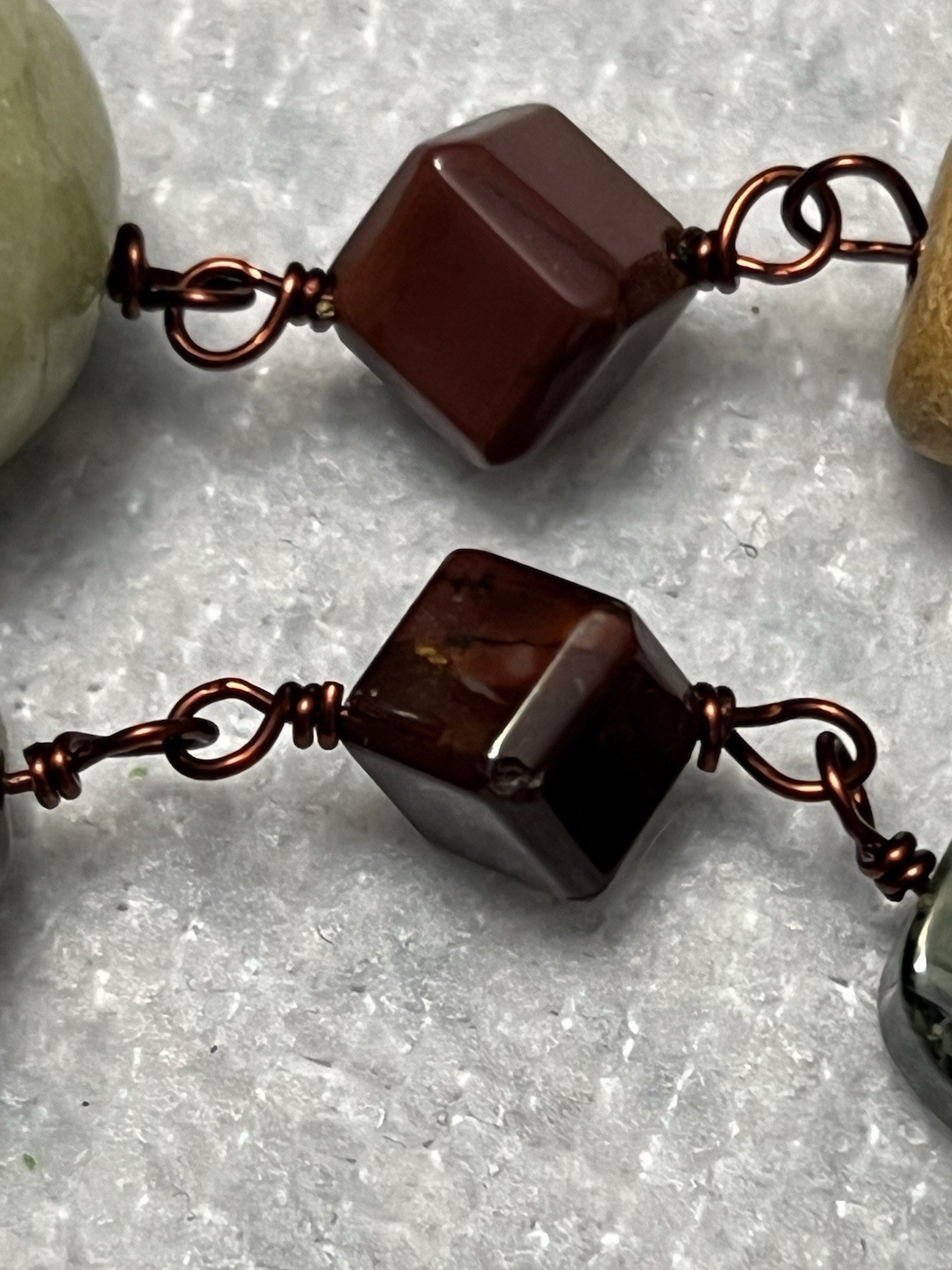 ESTATE CHINESE CARVED TIGERS EYE, JADE JASPER STONE NECKLACE 18” STERLING COPPER