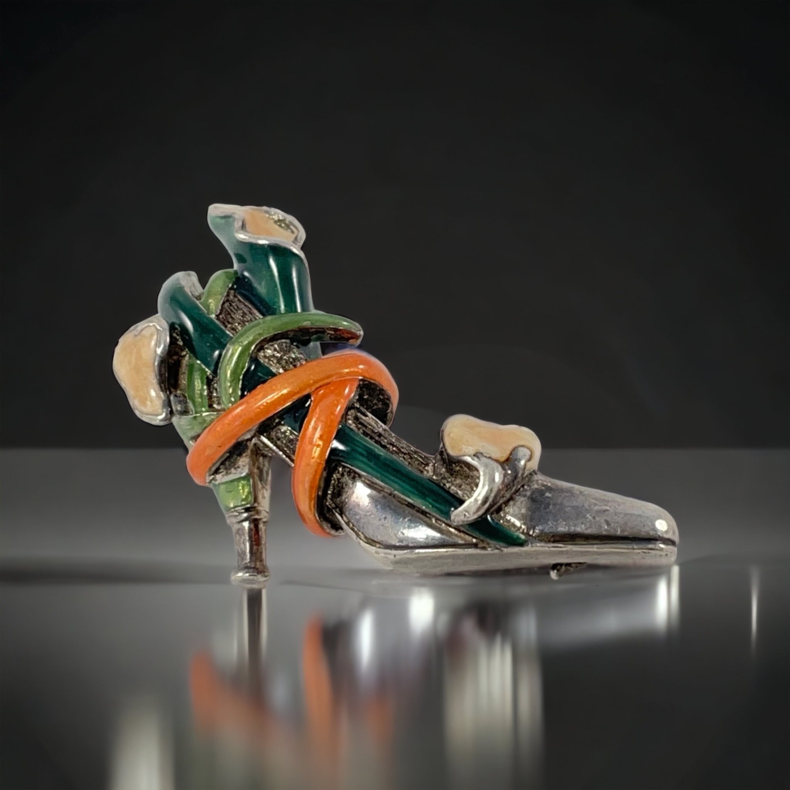Vintage KJL Sterling 925 Calla Lily High Heel Shoe Enamel Brooch Signed