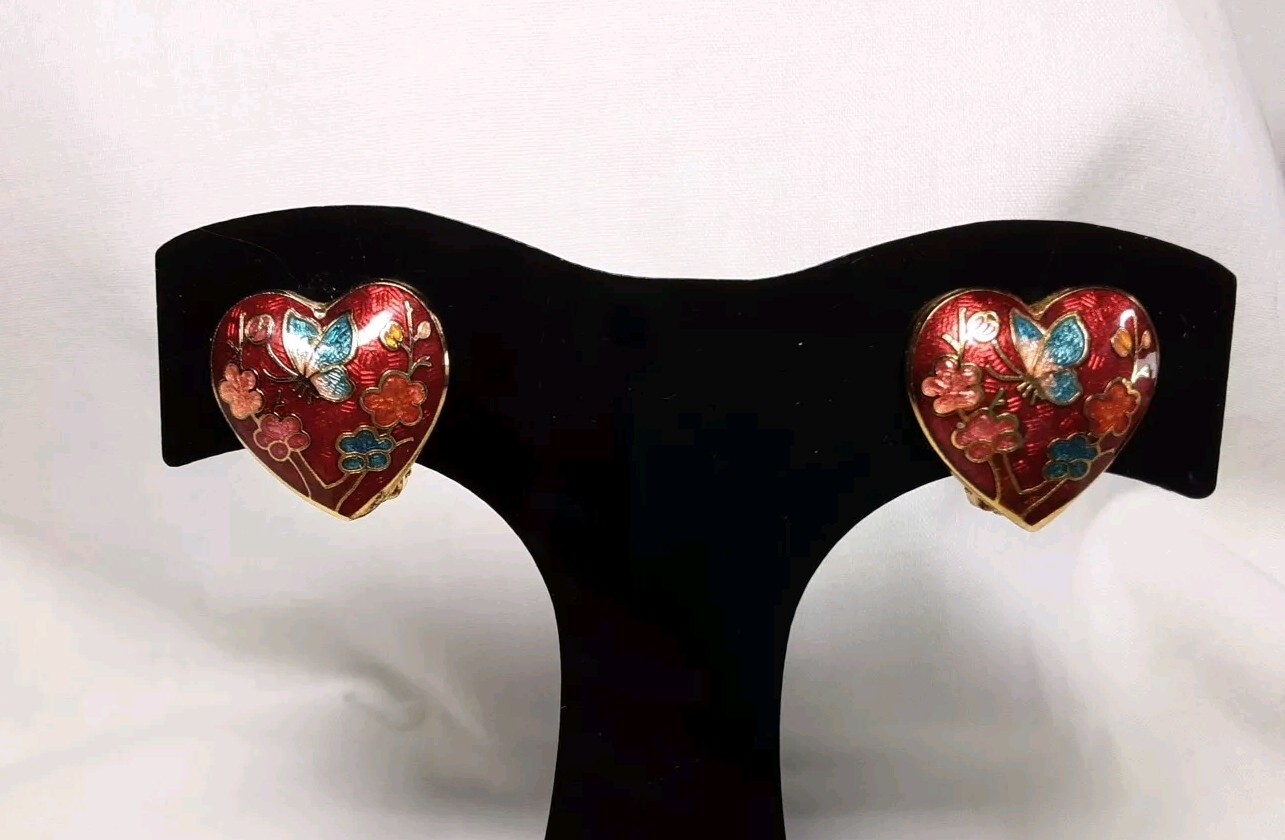 Earring Gold Tone Cloisonne Red Pink Blue Puff Heart Floral Butterfly Clip Vtg