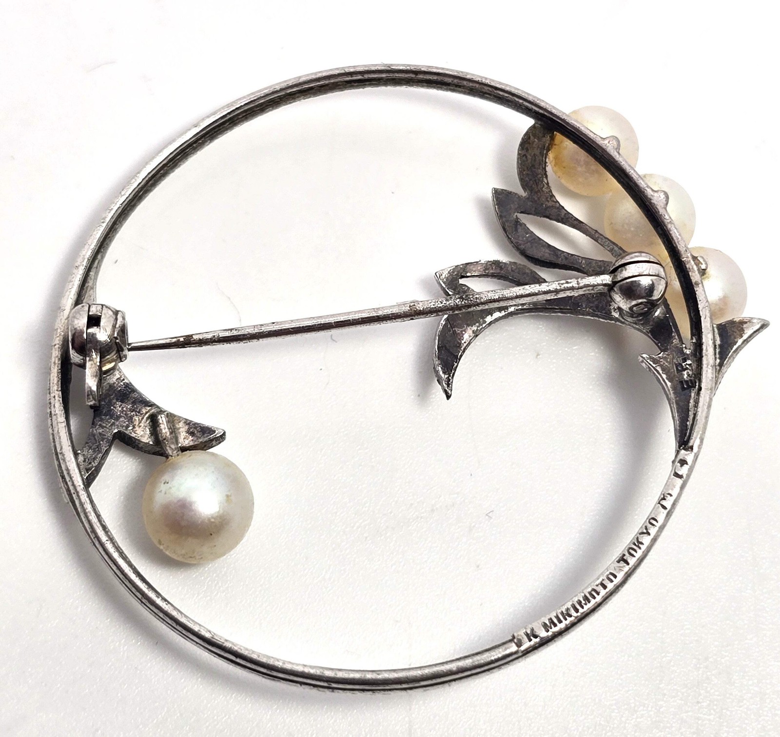Mikimoto 4 Akoya Cultured Pearl flower vintage mid century sterling silver brooc