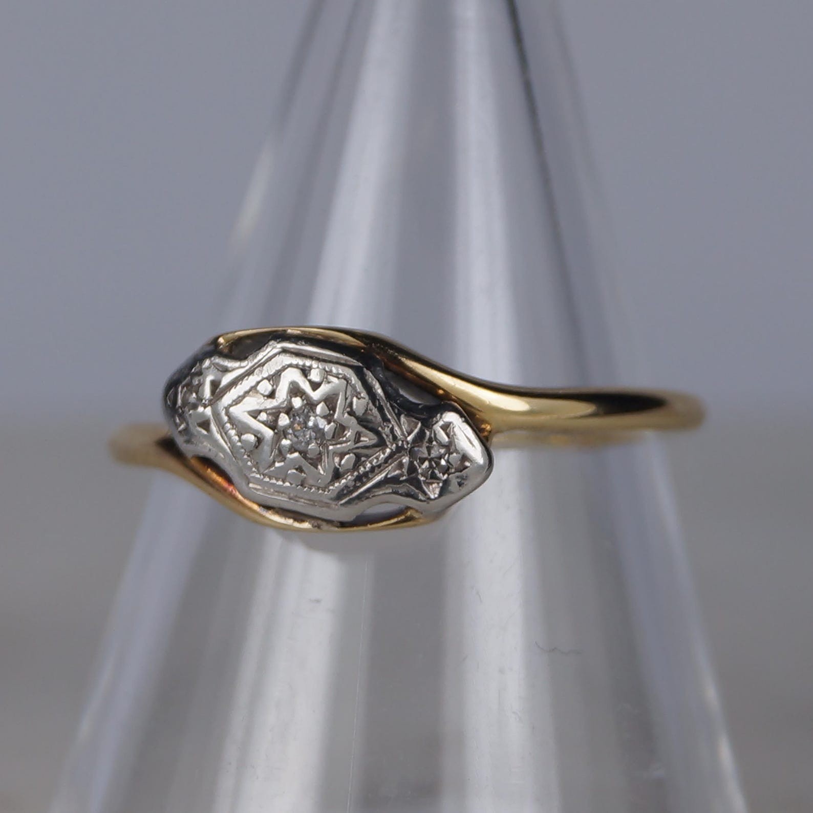 14Kt Gold Two Tone Finish Lab Created Diamond Art Deco 925 Sterling Silver Ring