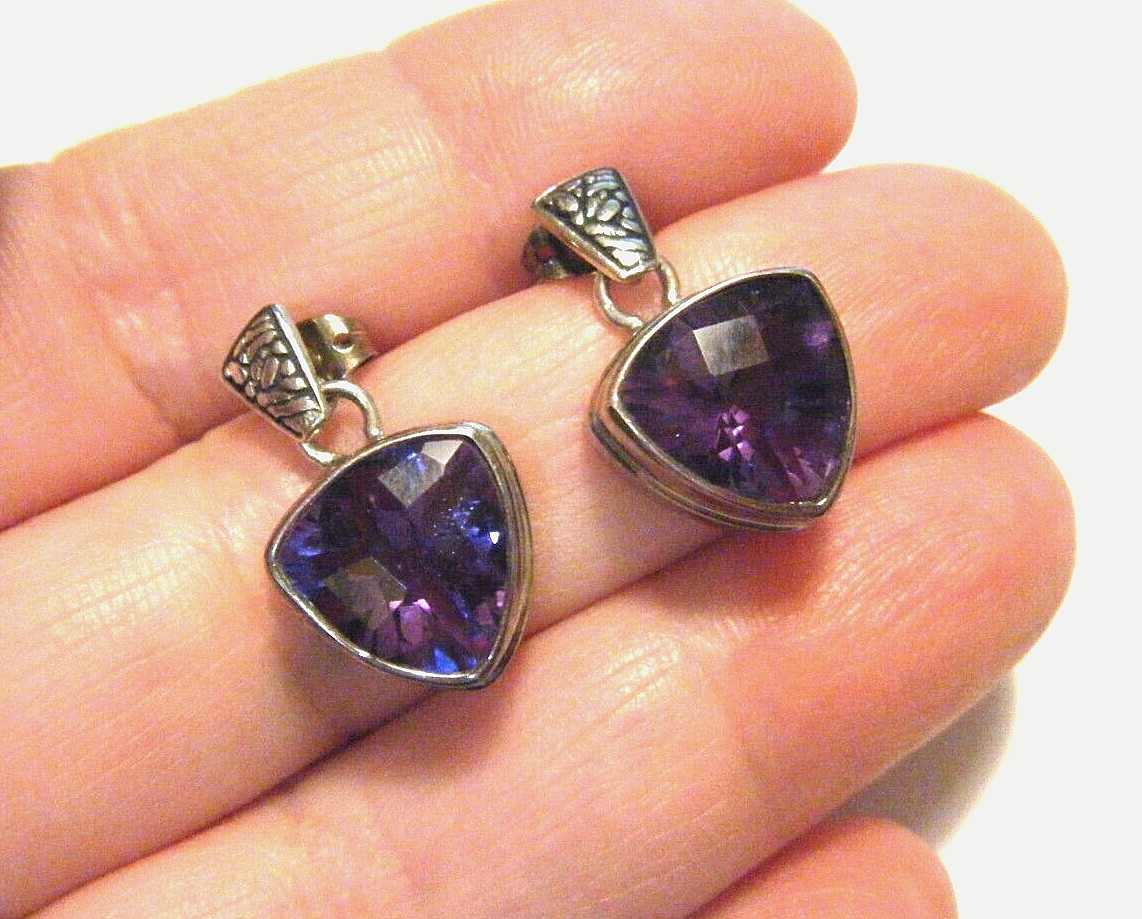 1″ Vintage Sterling Silver Purple / Blue Tanzanite Trillion Dangle Drop Earrings