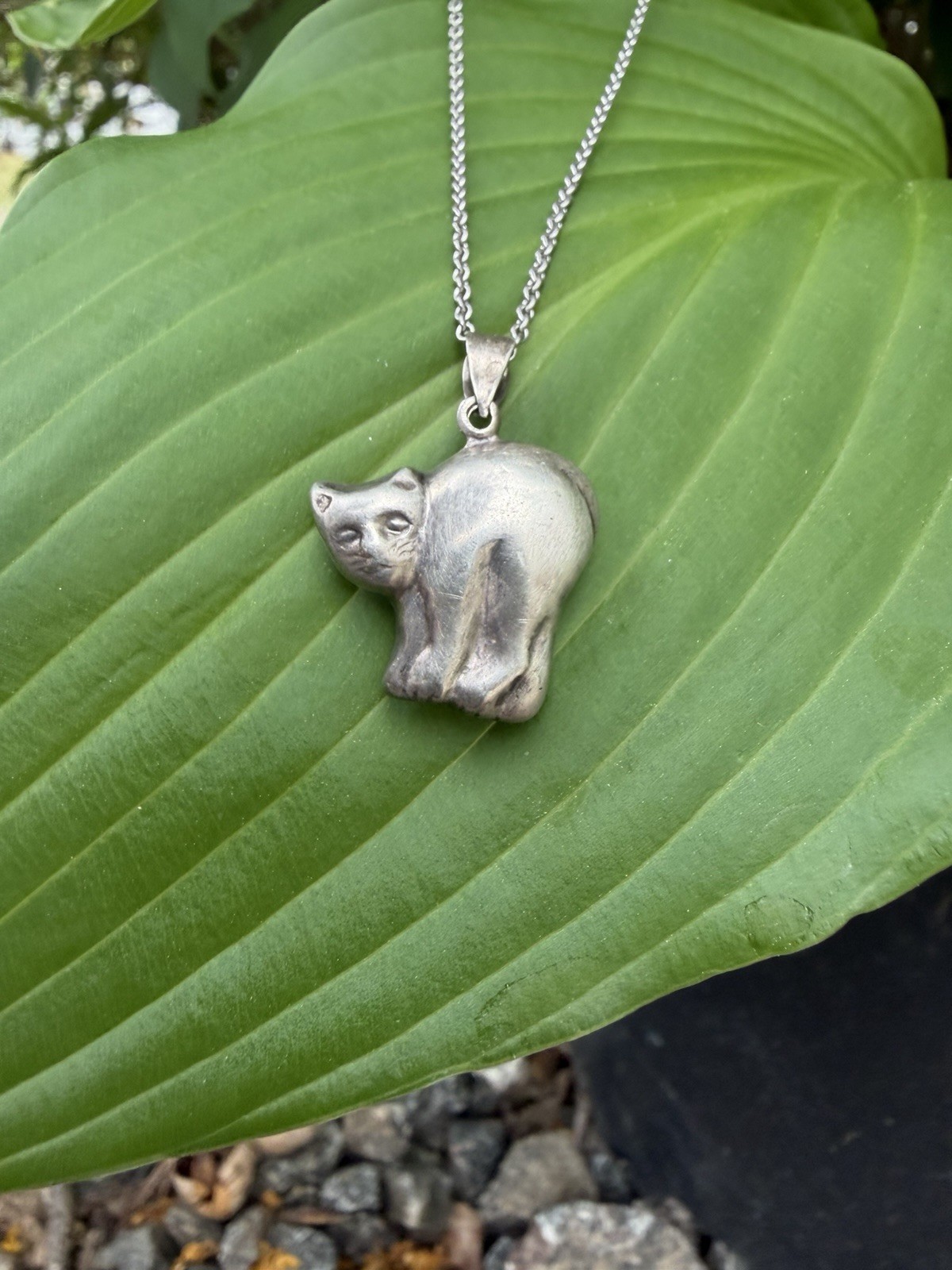 Vtg Sterling Silver 3-D Puffy Cat Pendant Necklace Hallmark-CW