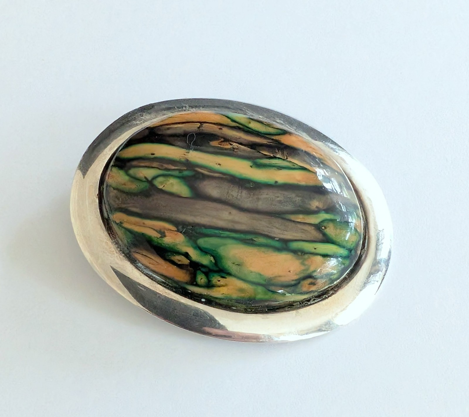 Beautiful Vintage Oval Silver Plated Multicolor Stone Pin Brooch