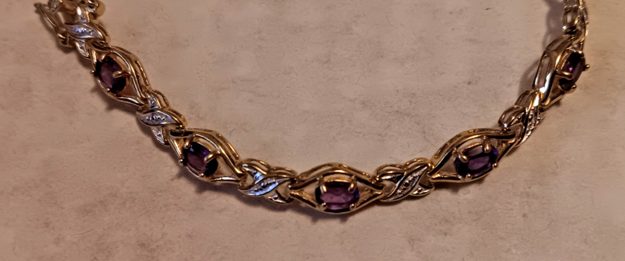 Vtg Avon RJ 8″ Bracelet 925 Sterling Silver Gold Tone w/ Amethyst Colored Stones