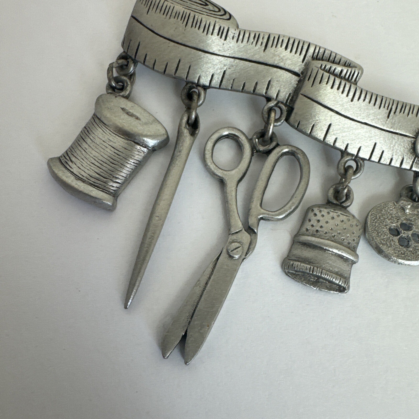 JJ Sewing Brooch Pewter Tape Measure With 5 Dangles