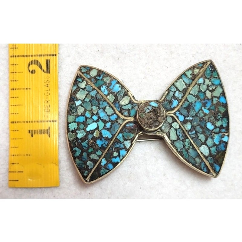 Vintage Mid Century N. India Turquoise Mosaic Chip Inlay Bow Brooch Southwestern