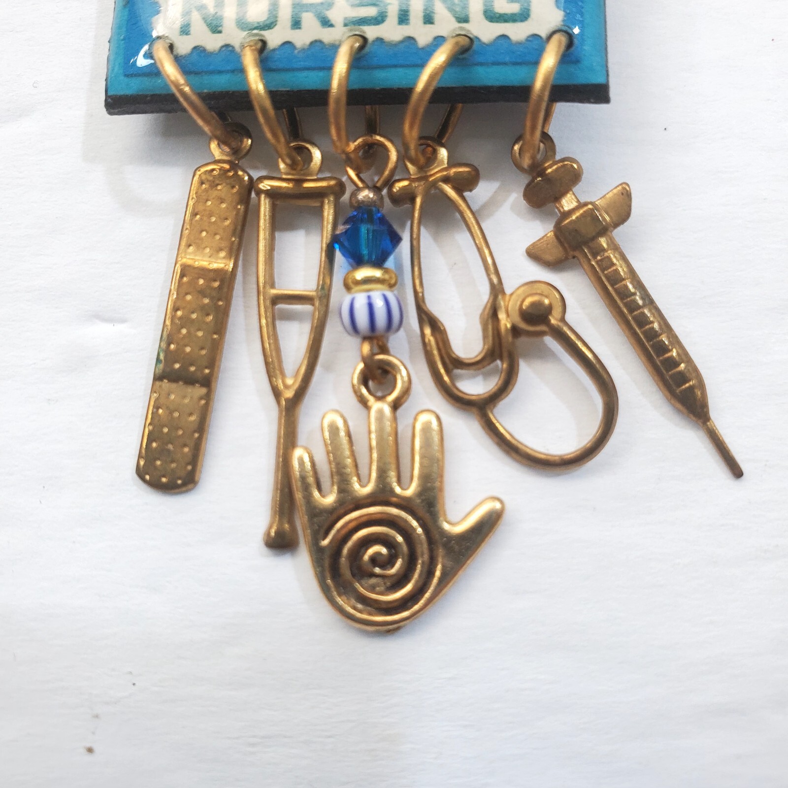 Vintage USPS Resin Metal Nursing Postage Stamp Brooch Pin with Dangle Charms