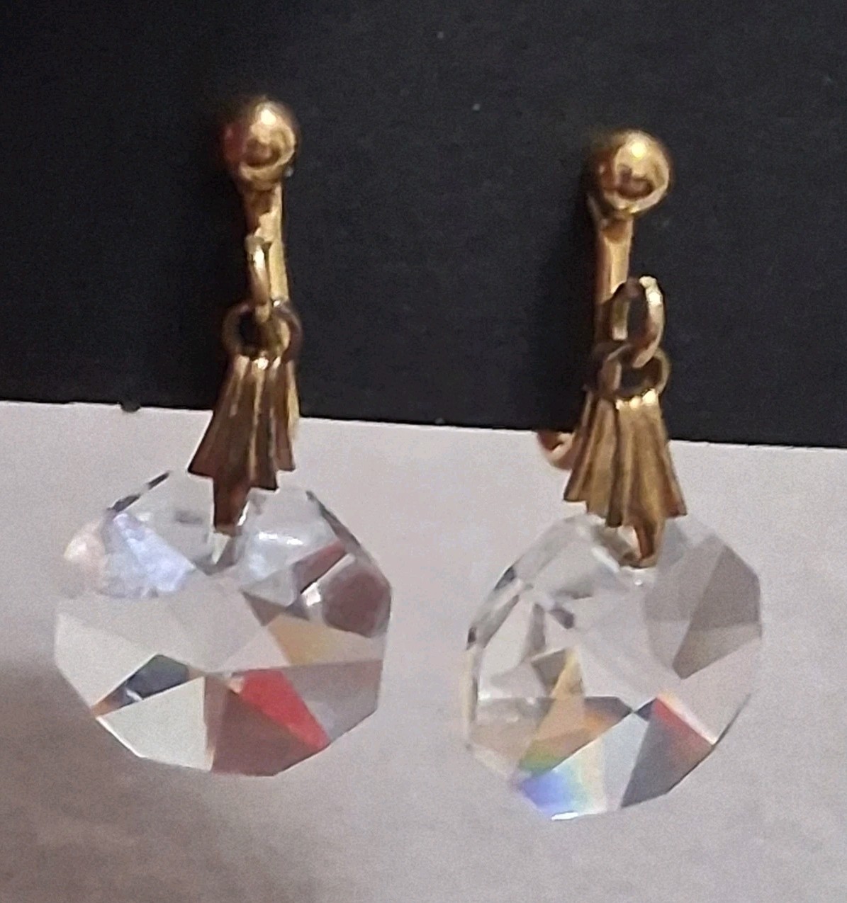 Gold filled faceted crystal dangle drop adjustable clip on earrings, geometric