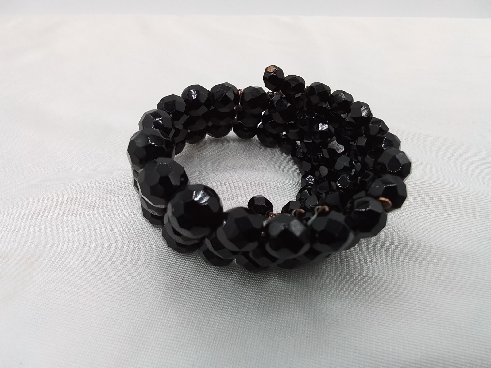 BLACK CRYSTAL TRIPLE STRAND FACETED BEADS EXPANDING WIRE CUFF BRACELET VINTAGE