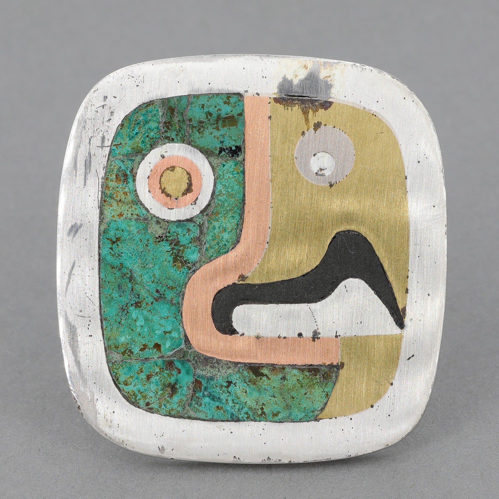 Vintage Mexican Mixed Metals Los Castillo Metales Chrysocolla Inlay Pin Pendant