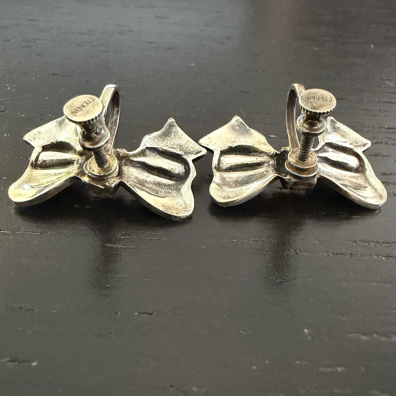 Vintage Sterling Silver Bow Ribbon Screw Back Earrings Rhinestone Accent 6.94g