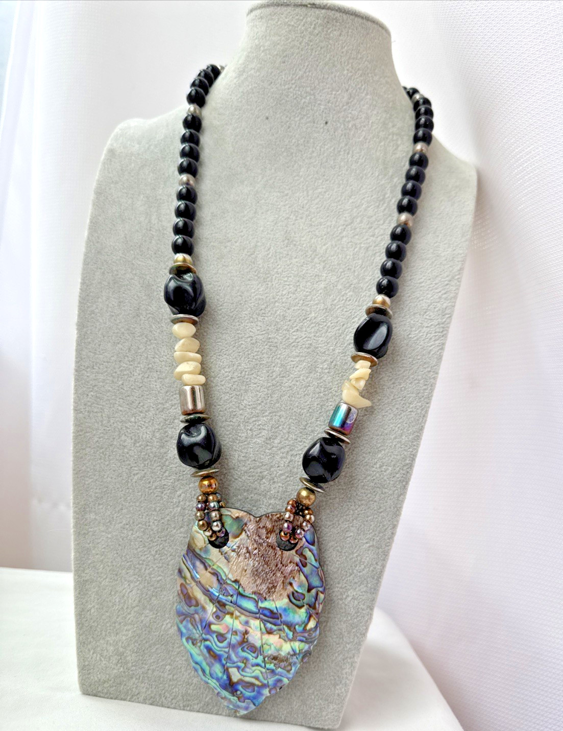 WOW Brutalist Modernist statement Necklace Jewelry VTG Goth shell Witchy Abalone