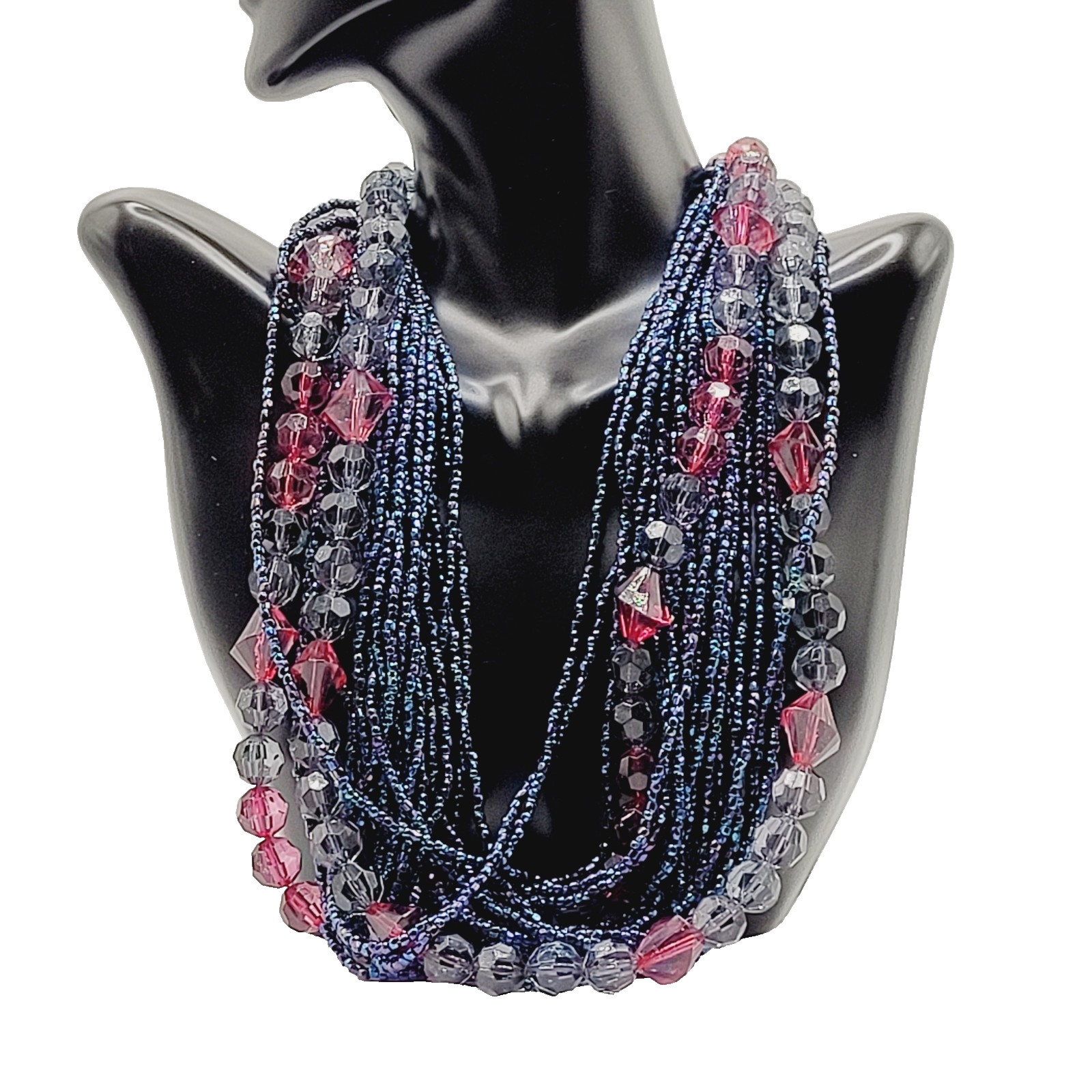 Purple and Deep Blue Iridescent Twist Multi Strand Glass Beaded Vintage Necklace