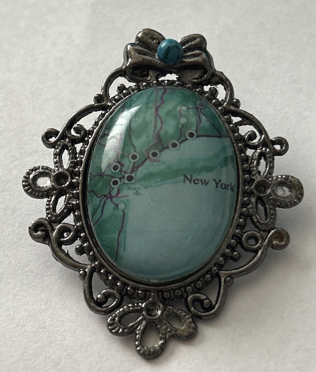 VINTAGE Silver Filagree New York Brooch Pin W Street Map Almost 2” Long Unique